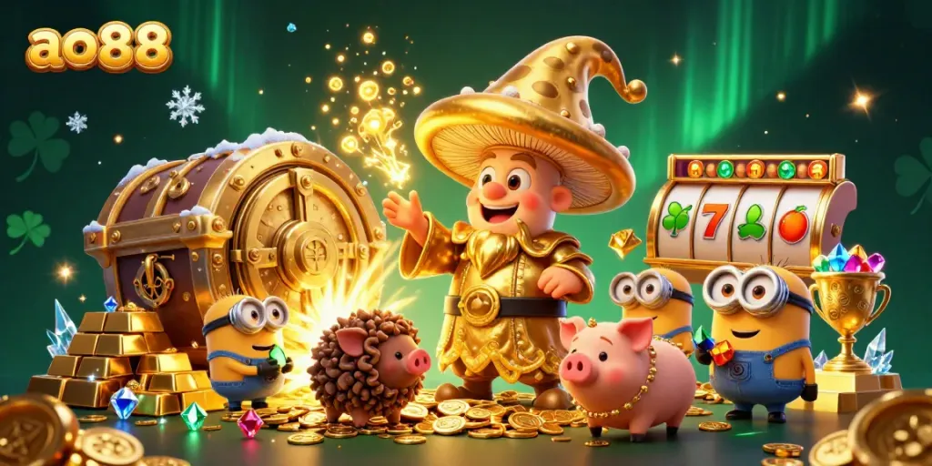 Experience the excitement of ao88 with a magical casino-themed scene featuring gold and gems.