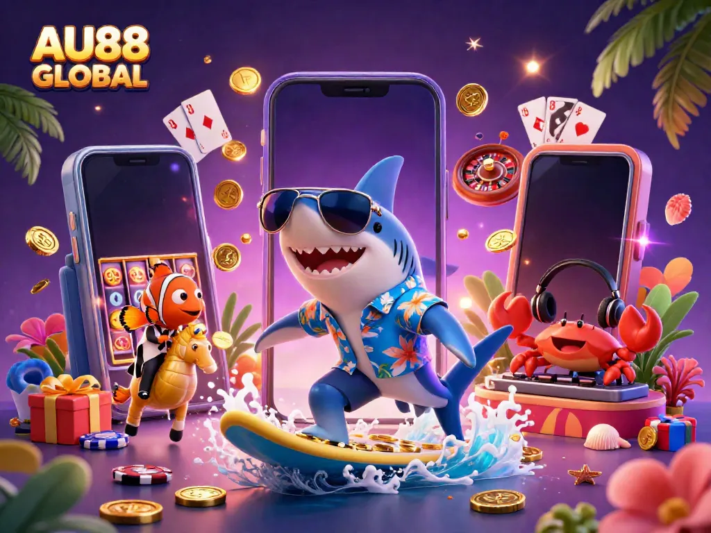 Experience thrilling games with AU88 GLOBAL as a shark surfs gold coins in an exciting casino scene.