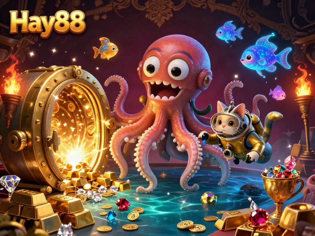 Hay88 showcases a vibrant 3D kraken and diving cat amid treasures in a gambling scene.