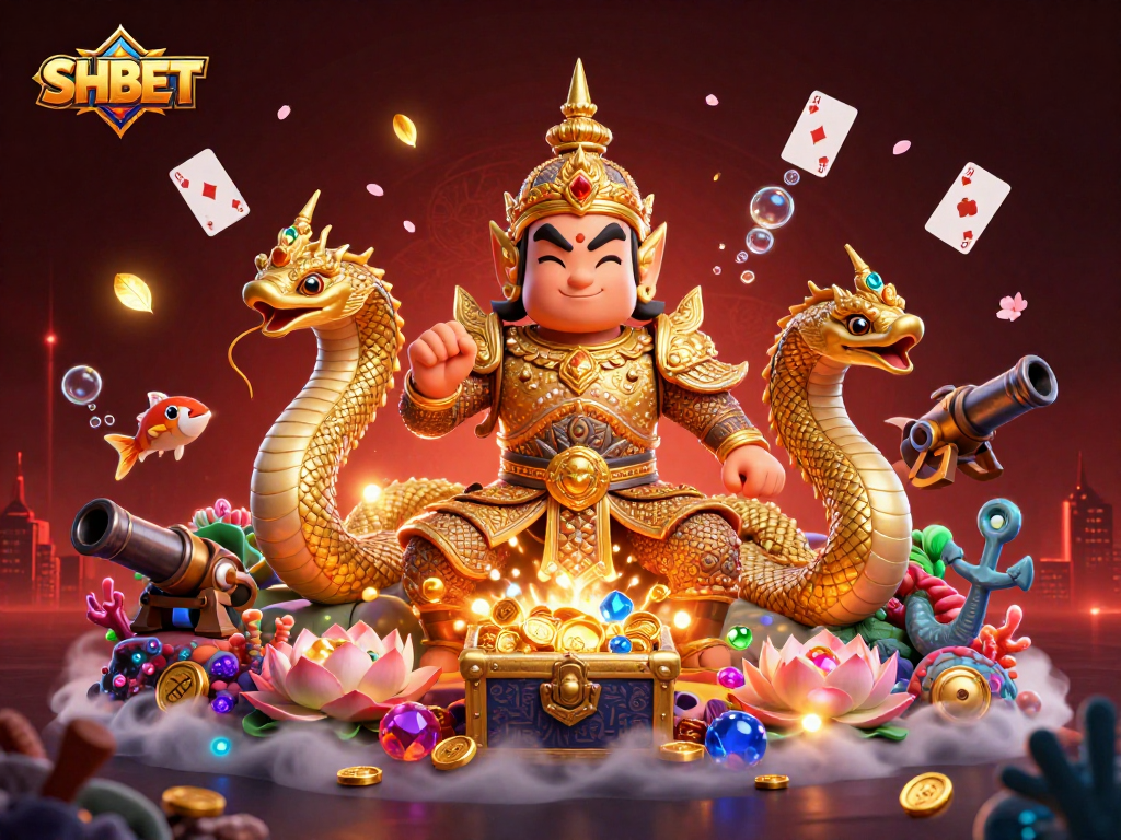 Experience the excitement of SHBET casino gaming with a vibrant 3D illustration featuring characters and treasures.
