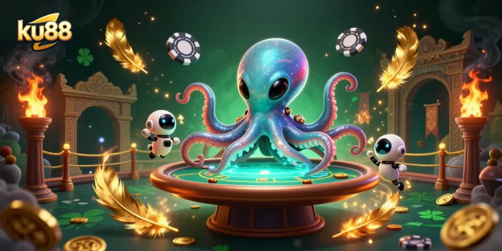 Play games at ku88 with a 3D alien octopus dealing cards at a holographic poker table spinning cosmic chips