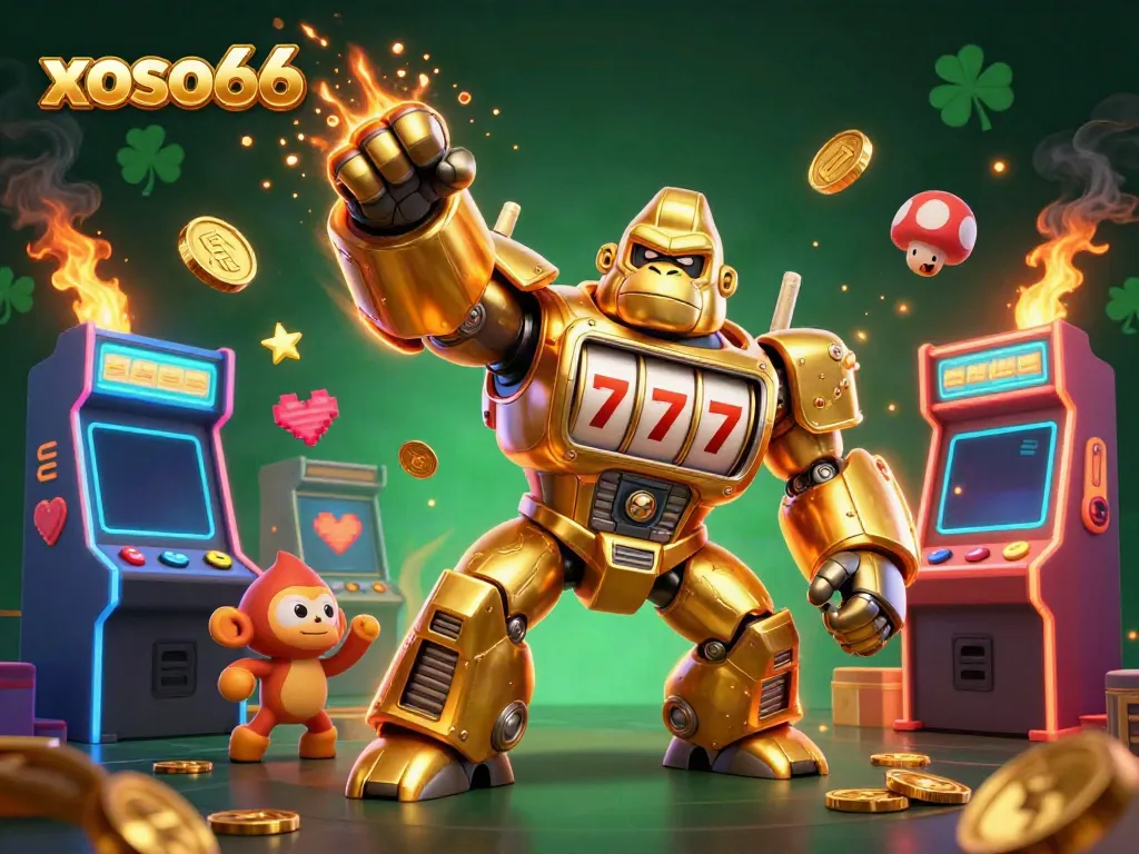 Experience thrilling gameplay at xoso66 with a golden gorilla mech and vibrant casino elements.