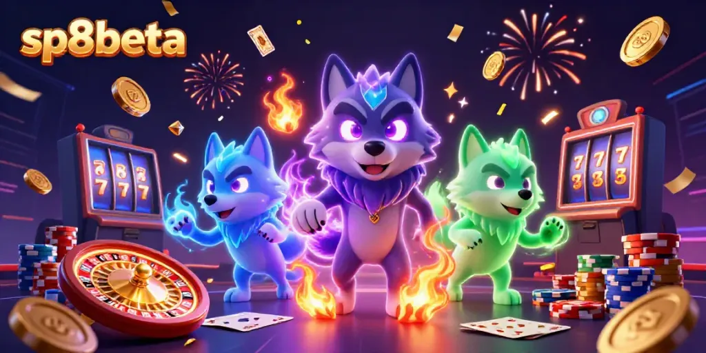 Spin to win with sp8beta in an exhilarating 3D casino illustration featuring wolves and dynamic gaming elements.