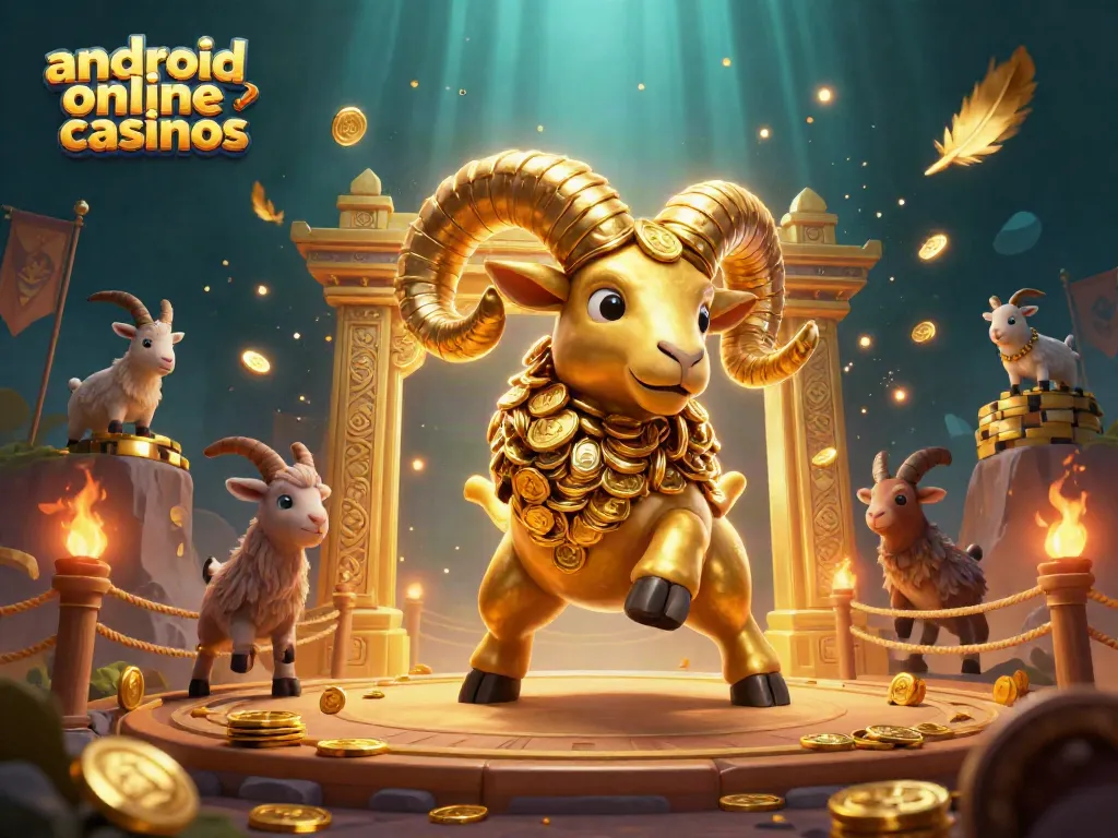 Experience thrilling gameplay at android online casinos with a golden ram charging through a casino arena full of excitement.