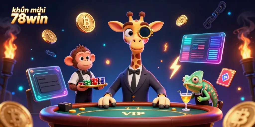 Engage with khuyến mãi 78win at a VIP casino featuring vibrant characters and crypto elements.
