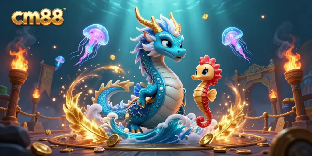 Experience the thrill of cm88 with a vibrant 3D illustration of a dragon, seahorse knight, and glowing jellyfish amidst rich casino elements.