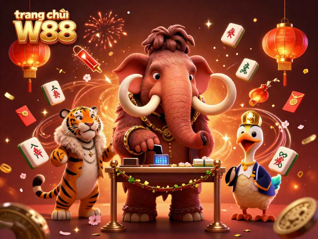 Experience the excitement of trang chủ W88 with vibrant characters and dynamic casino elements in this elaborately designed illustration.