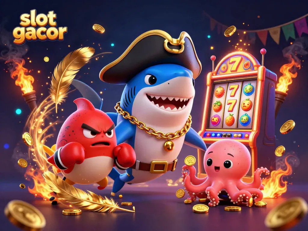 Engage with slot gacor elements featured in a dynamic 3D illustration featuring a pirate shark.