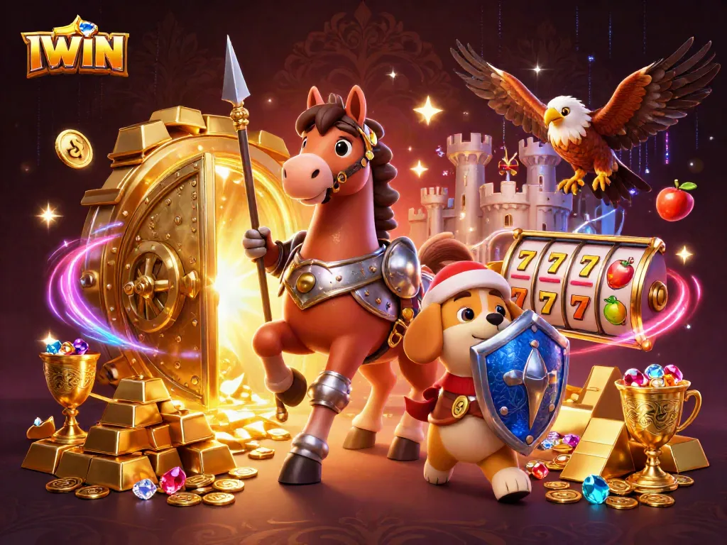 IWIN showcases a thrilling casino scene with a knight, puppy, and falcon amidst riches and slot reels.