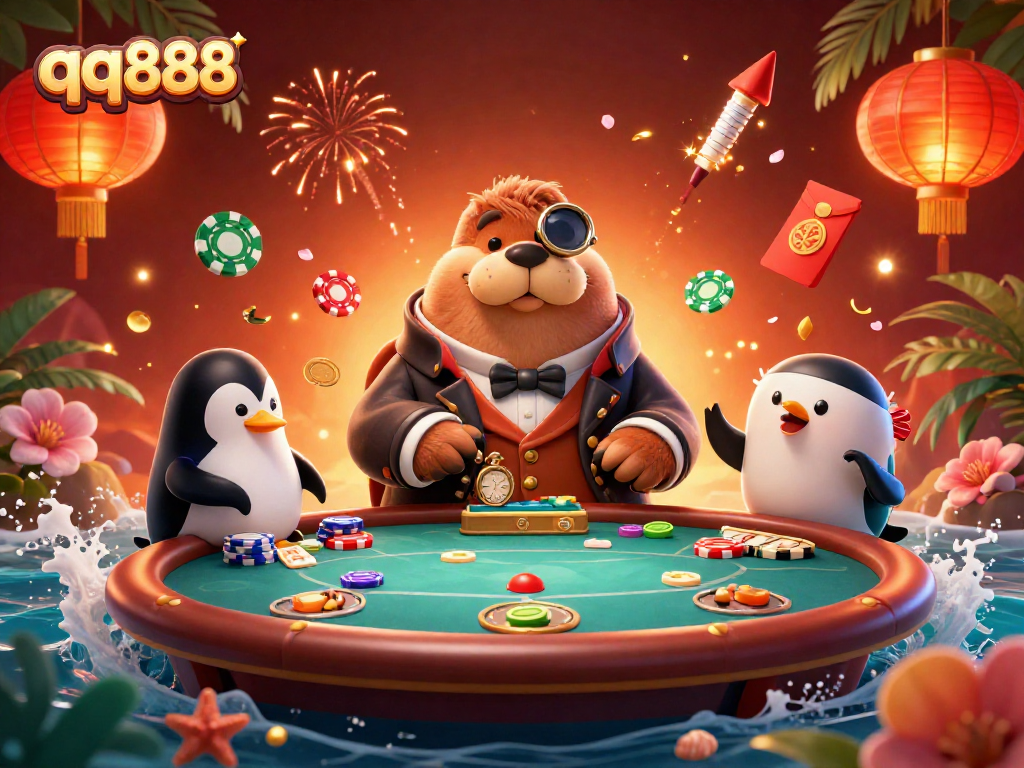 Experience the excitement of qq888 with a jolly walrus at an underwater poker table, surrounded by vibrant gaming elements.