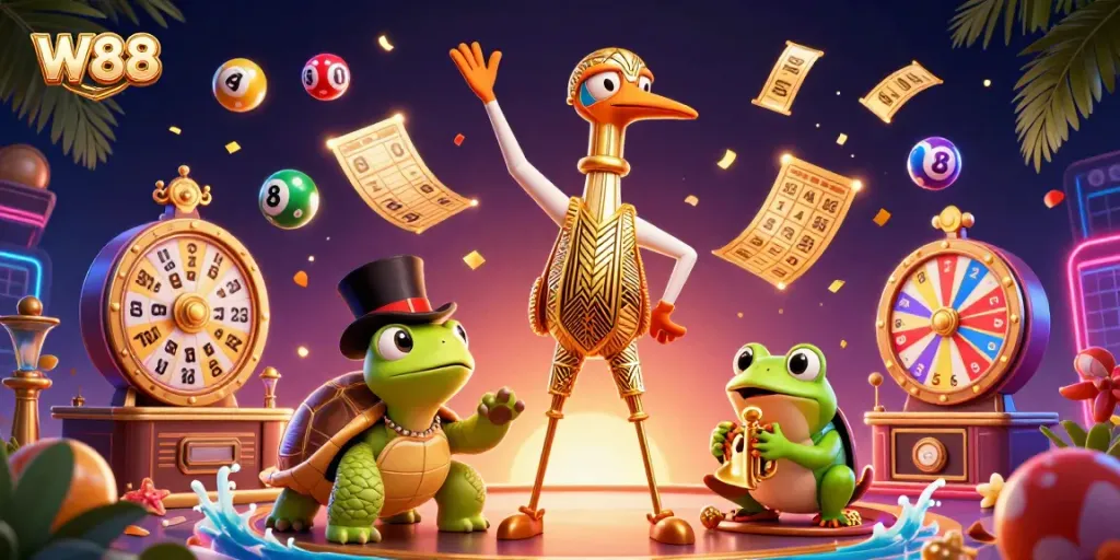 W88 promotes thrilling lottery games with vibrant characters and dynamic casino elements for enhanced gaming