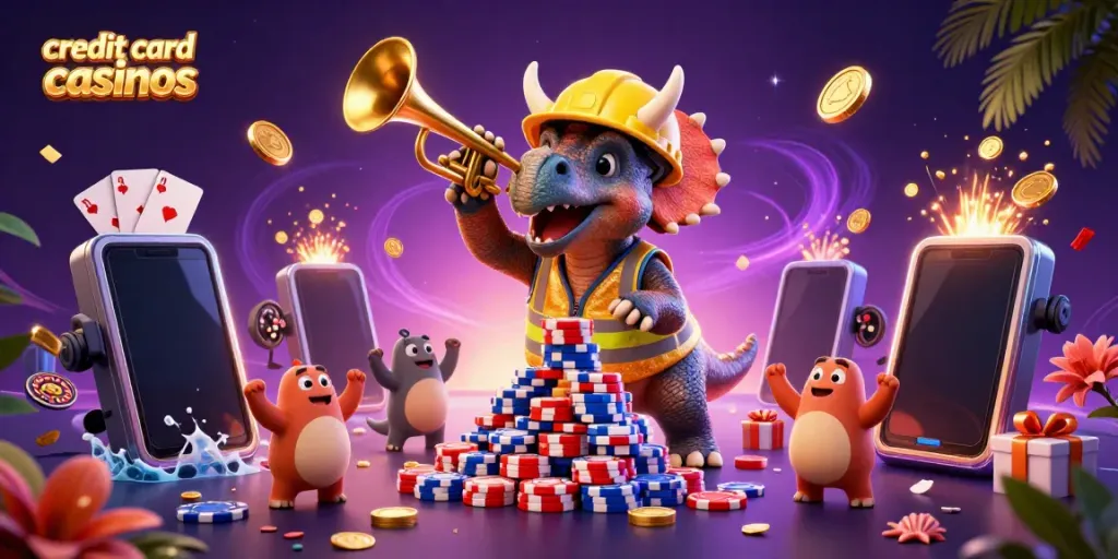 Celebrate gaming at credit card casinos with vibrant 3D dinosaur scene and casino elements.
