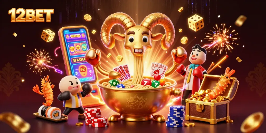 Engage in thrilling gameplay with 12BET as the vibrant scene showcases unique casino characters and games.