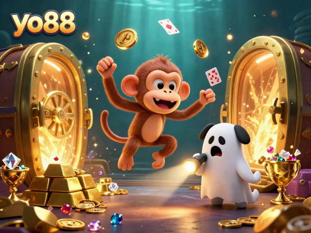 yo88 casino scene with a mischievous monkey juggling golden coins and a curious puppy tracking it.