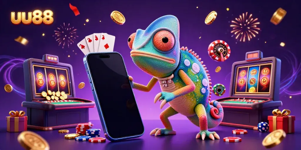 Experience exciting gaming at uu88 with a colorful chameleon casino owner amid slot games and golden coins.