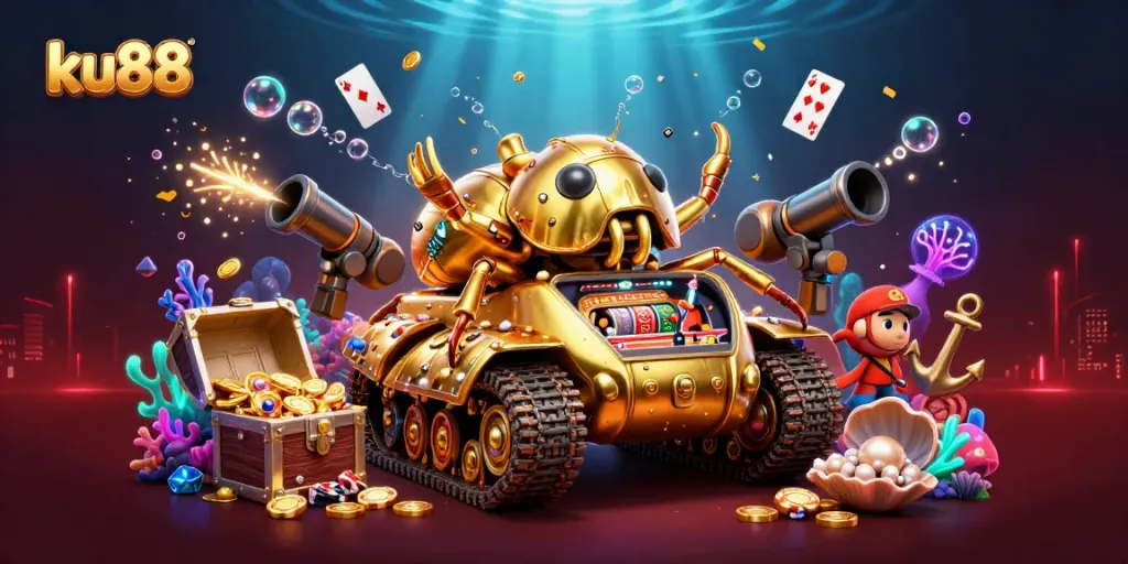 ku88's engaging 3D casino illustration shows dynamic gaming elements and colorful treasures.