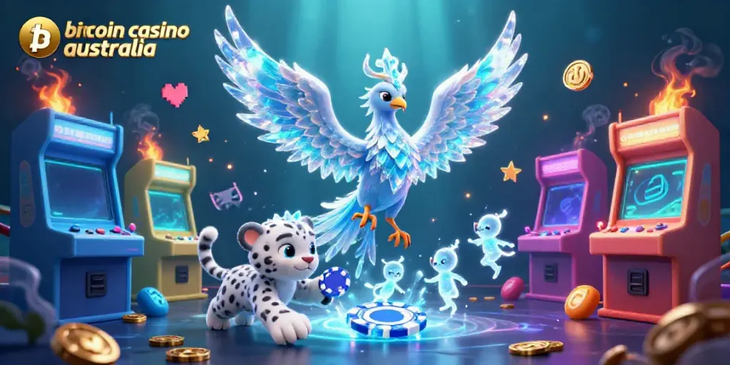 Experience the magic of a bitcoin casino australia adventure, where an ice phoenix and snow leopard cub play amidst glowing arcade elements.