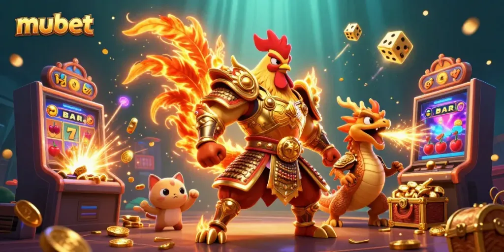 Experience the thrill of mubet with dynamic characters and casino elements in an exciting 3D illustration.