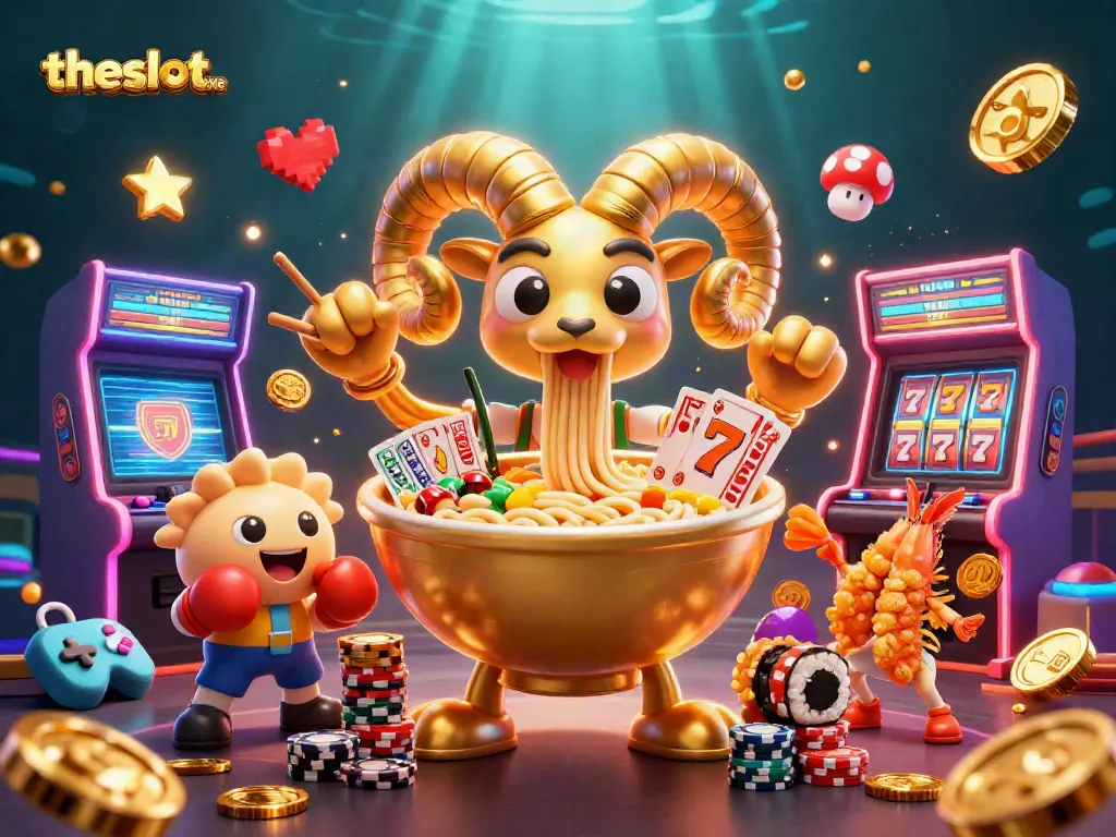 Experience thrilling gameplay at theslotonline with giant ramen bowl dealers, vibrant slot reels, and dynamic casino elements!