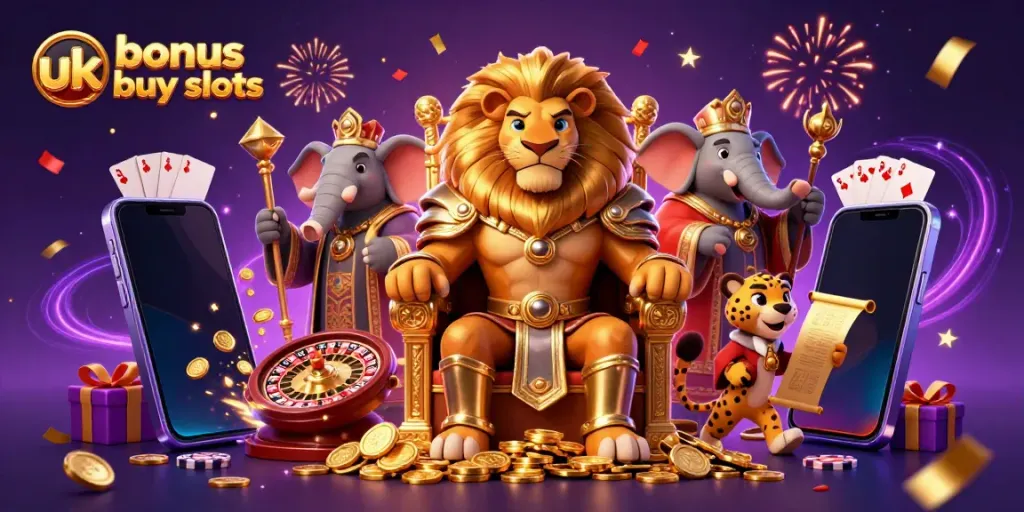 Experience the thrill of uk bonus buy slots with a vibrant casino scene featuring a lion king, elephant advisor, and cheetah messenger.