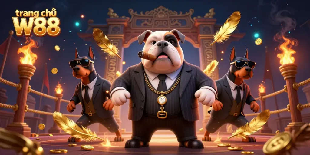 Experience the thrilling action at trang chủ W88 with a dynamic scene featuring cartoon mafia characters and casino elements.